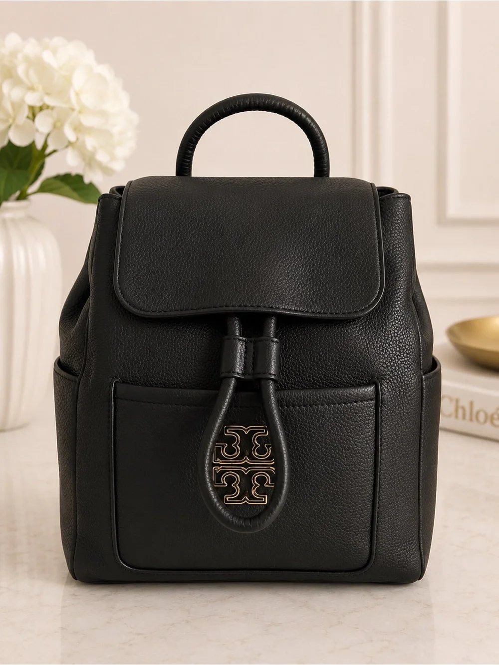 Tory Burch Black Leather Backpack Gold Logo Pebbled Convertible Bag
